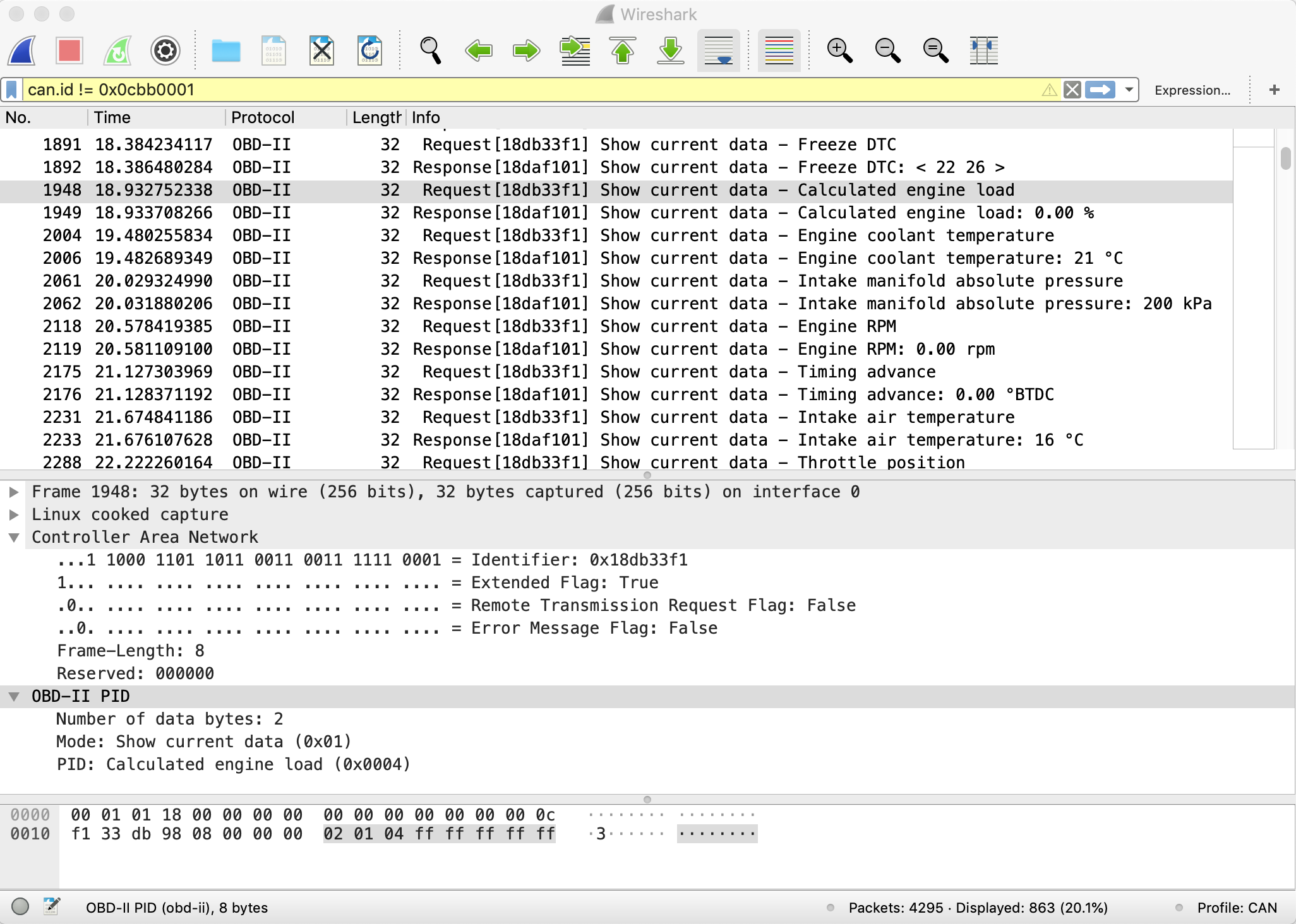 ECU Diagnostics – part 4 : Wireshark Patching and OBD-II Results