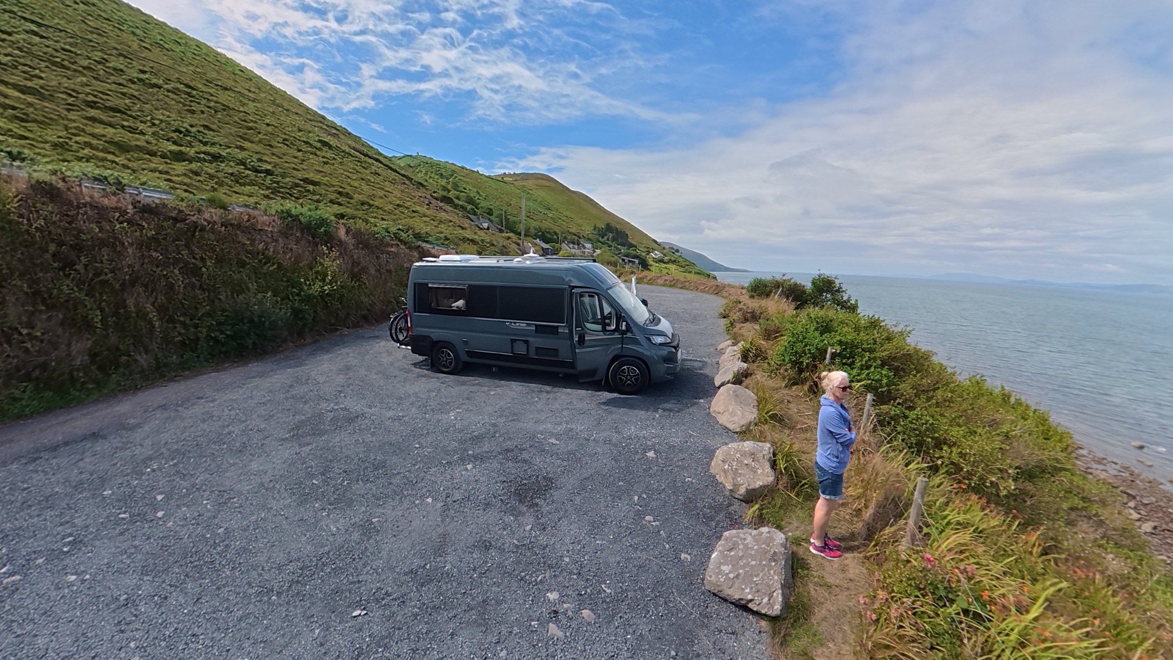 Ollie in the cliffside campervan parking area above Rossbeigh Beach