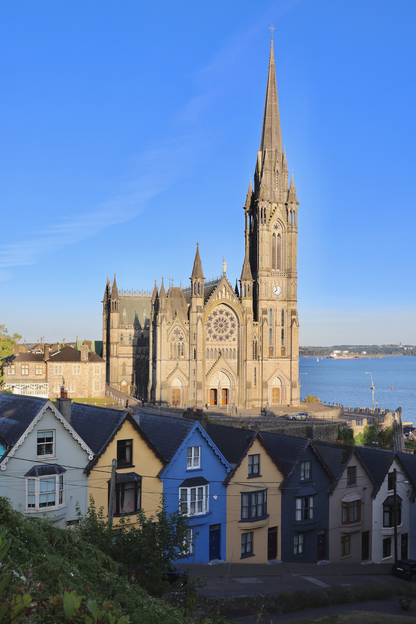 Cobh Cathedral and the multicoloured houses