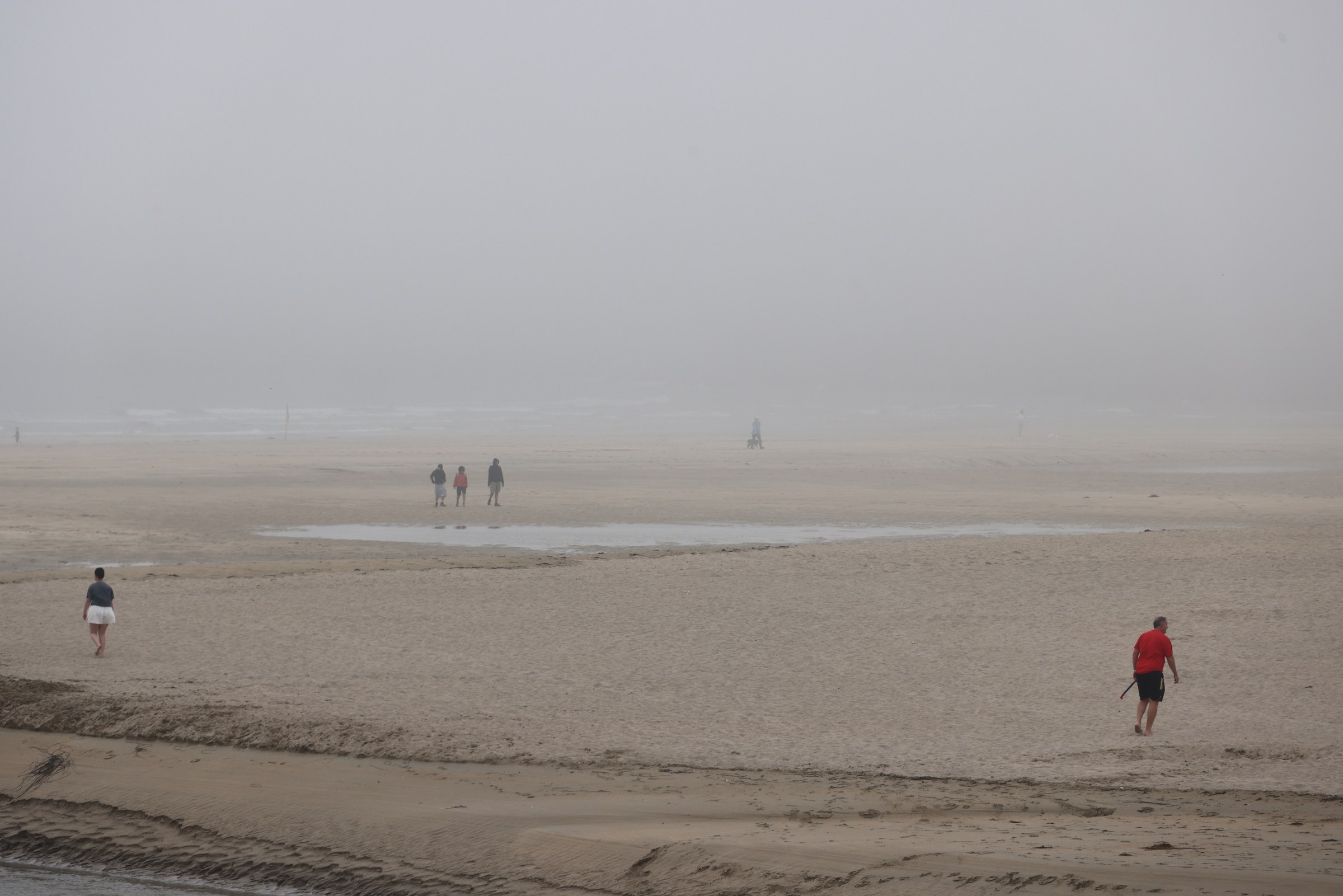People walking across the broad, misty sands at Barleycove