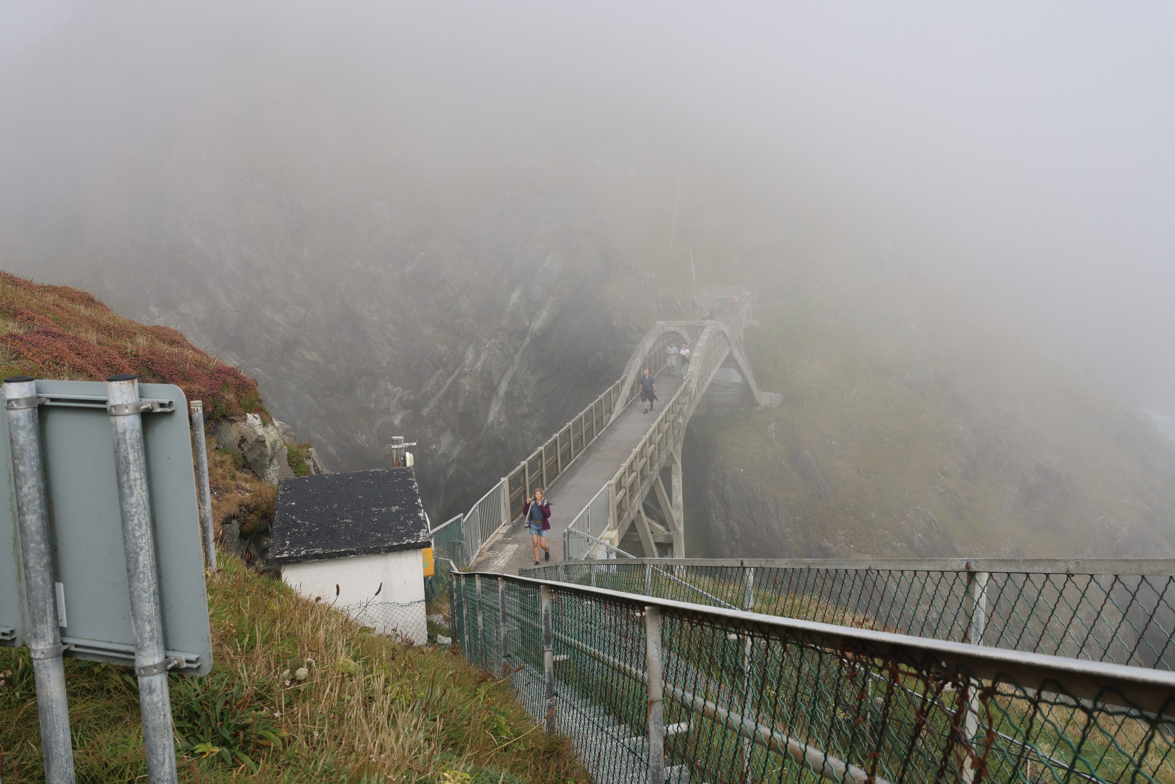 Steps and paths winding across the foggy Mizen Head site