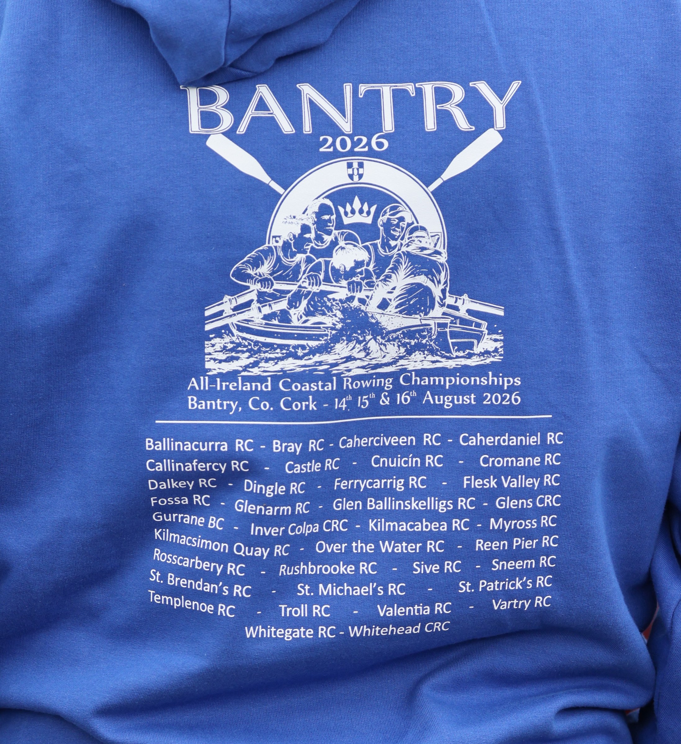 The back of a Bantry 2026 championship shirt listing the rowing clubs