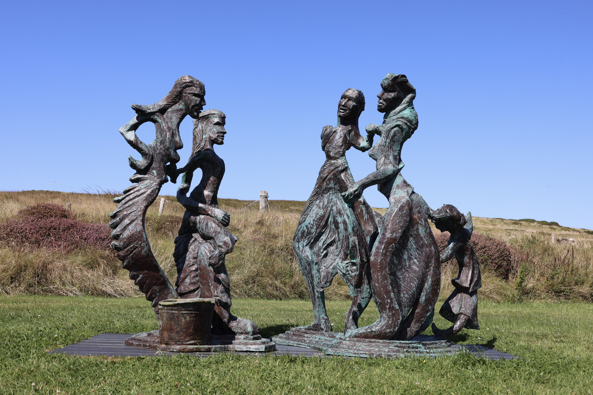 A bronze sculpture of Blasket islanders outside the Centre