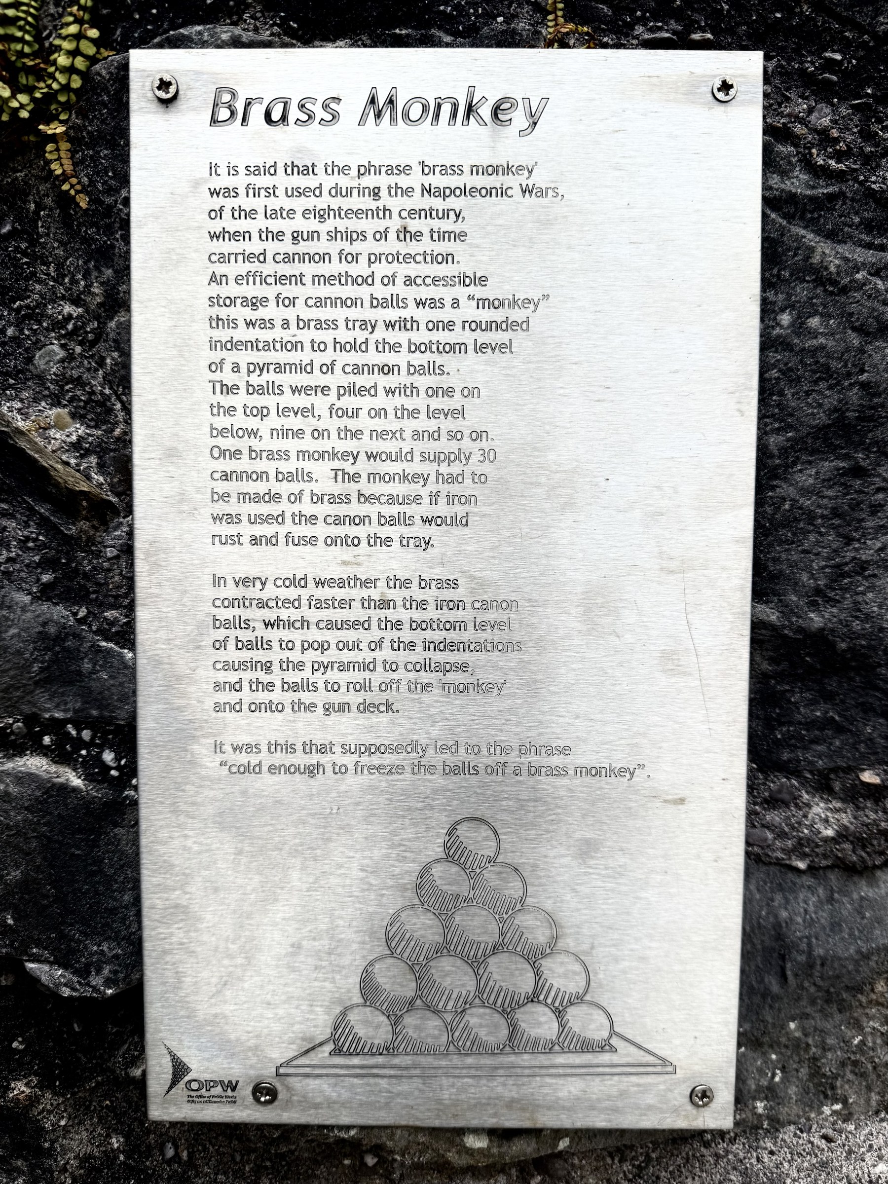 Brass monkey plaque at Elizabeth Fort in Cork