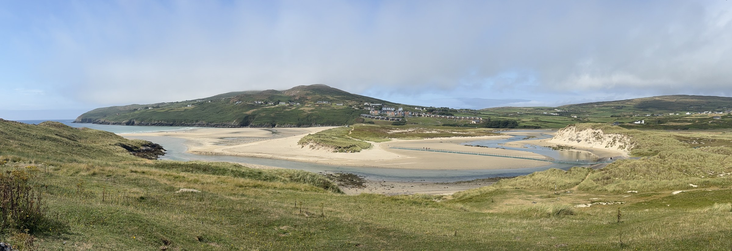 A panoramic view across Barleycove Beach and its sand dunes