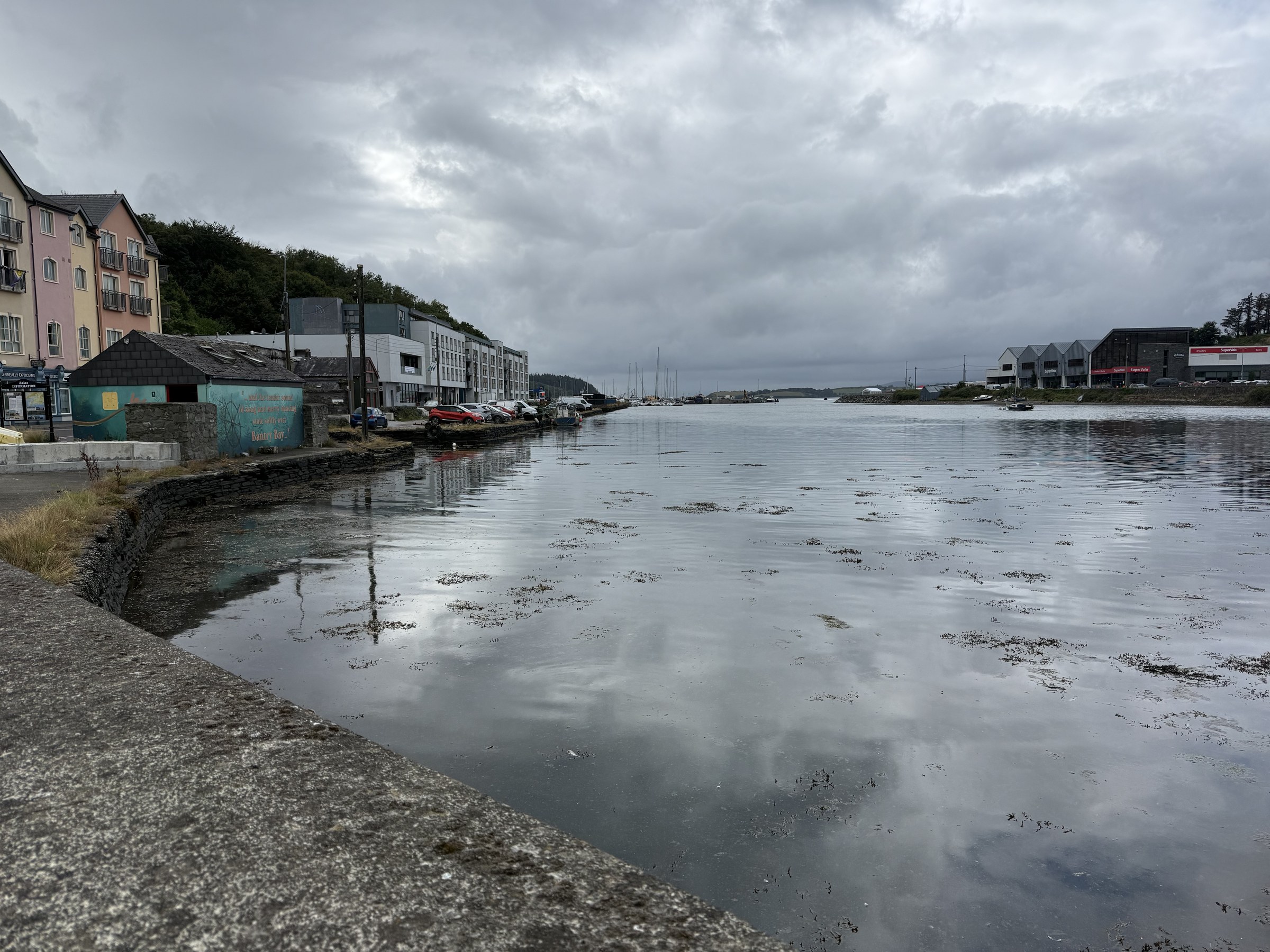 The harbour and waterfront buildings beneath cloudy skies in Bantry