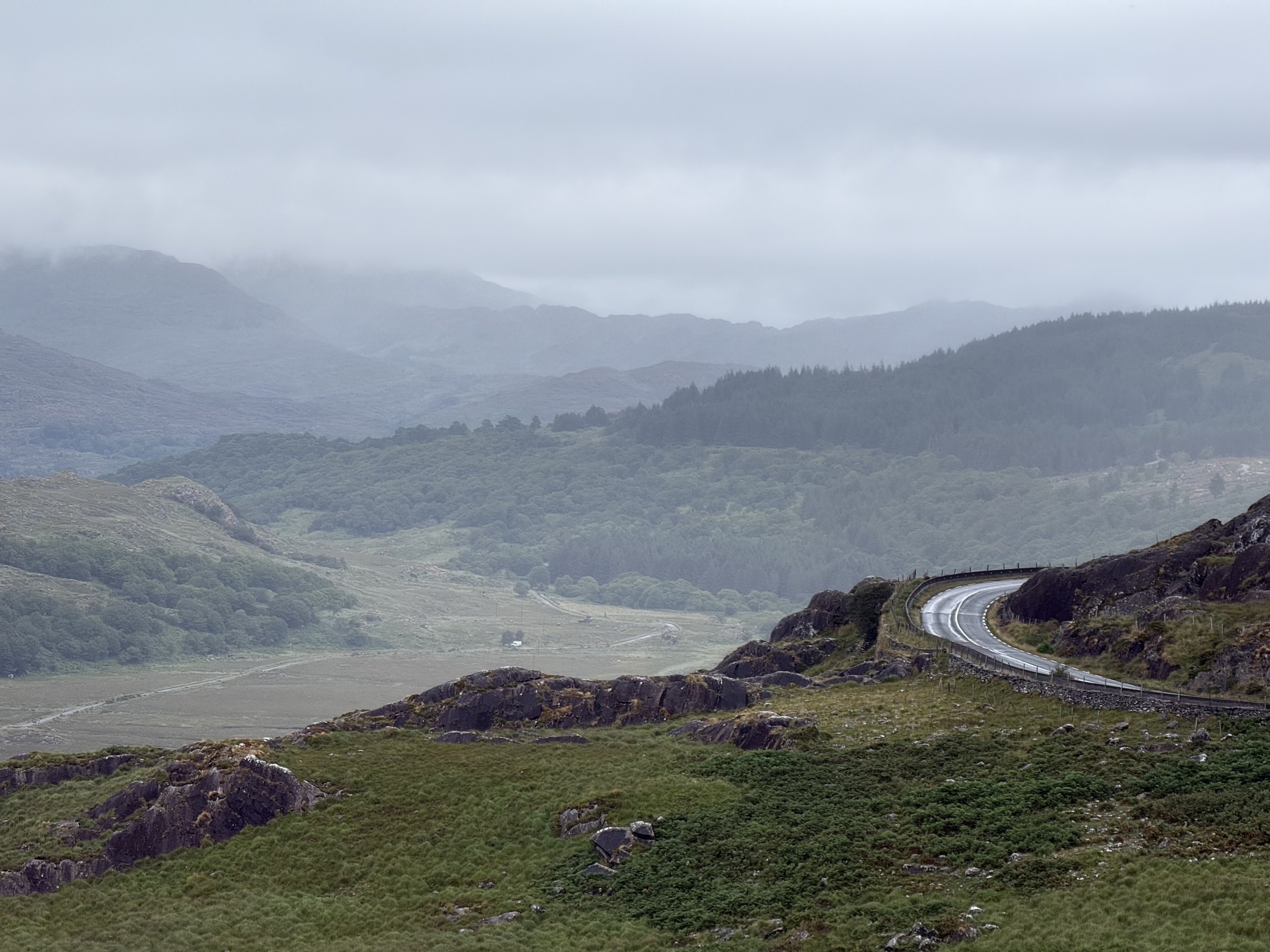 The road descending from Moll's Gap beneath low cloud