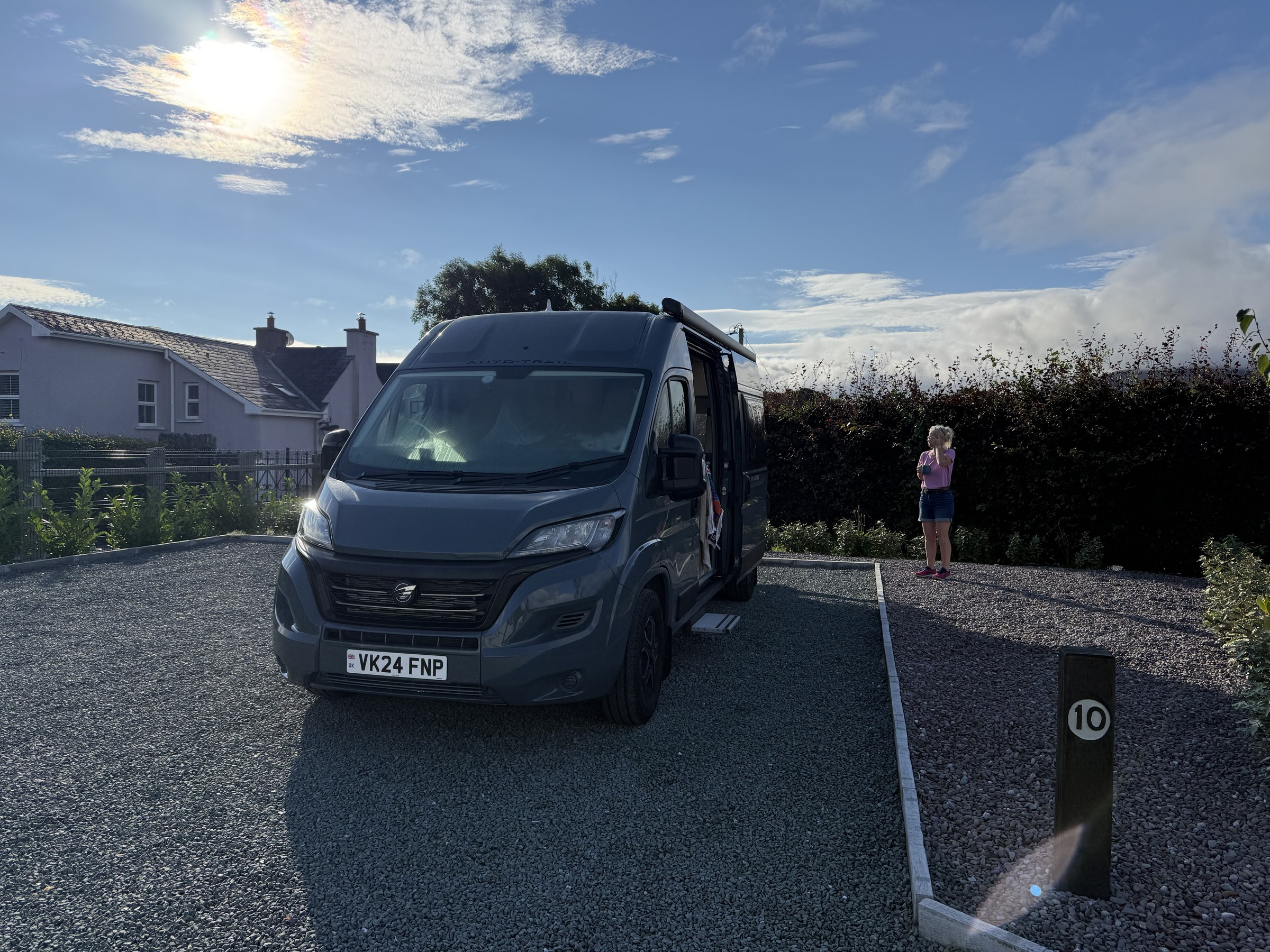 Ollie parked on pitch 10 at Kenmare Aire in morning sunshine