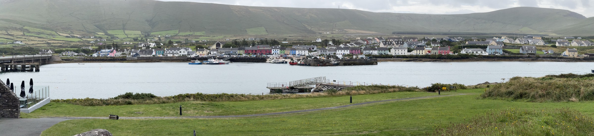 A panoramic view across Portmagee Channel towards Portmagee