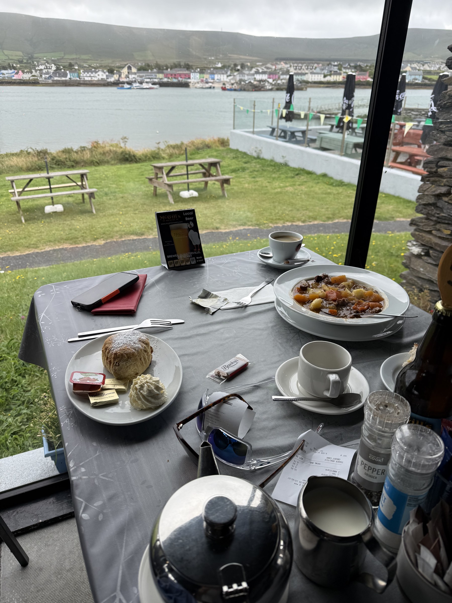 Bowls of stew and generously sized scones overlooking Portmagee Channel