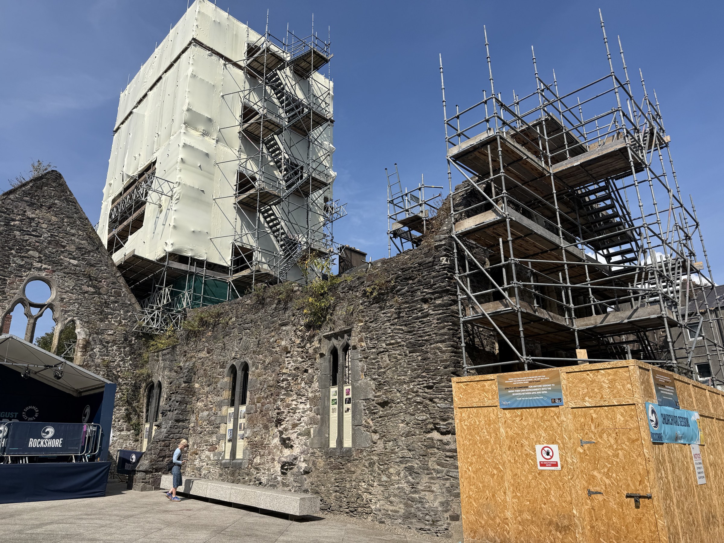 The ruined Greyfriars friary covered in scaffolding