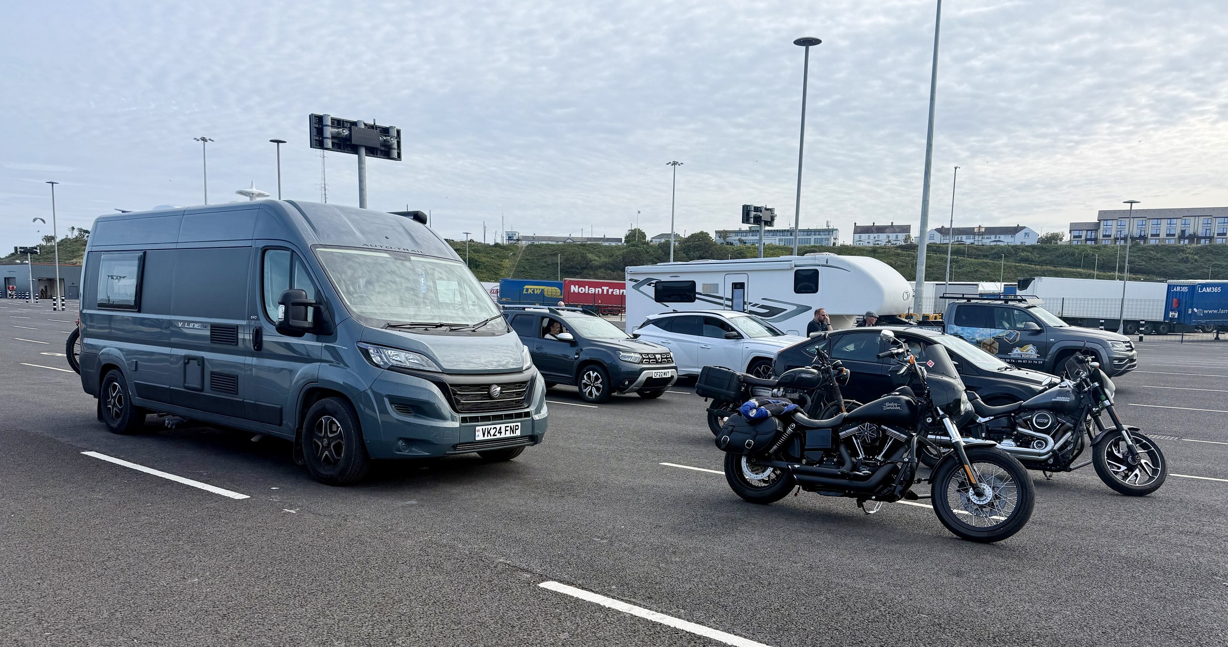 Ollie waiting with cars and motorcycles at Rosslare Europort