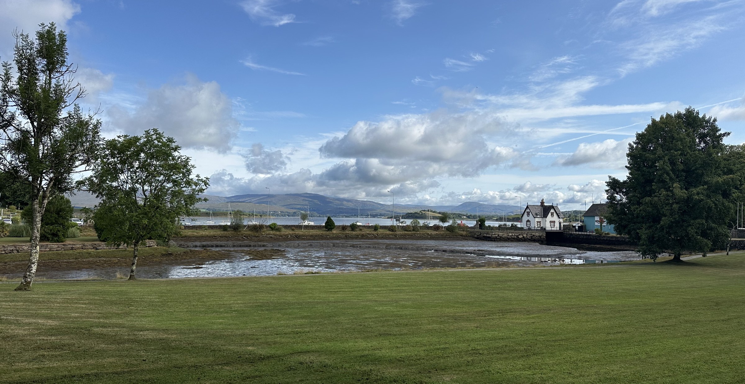 The empty pond and grounds below the Westlodge Hotel