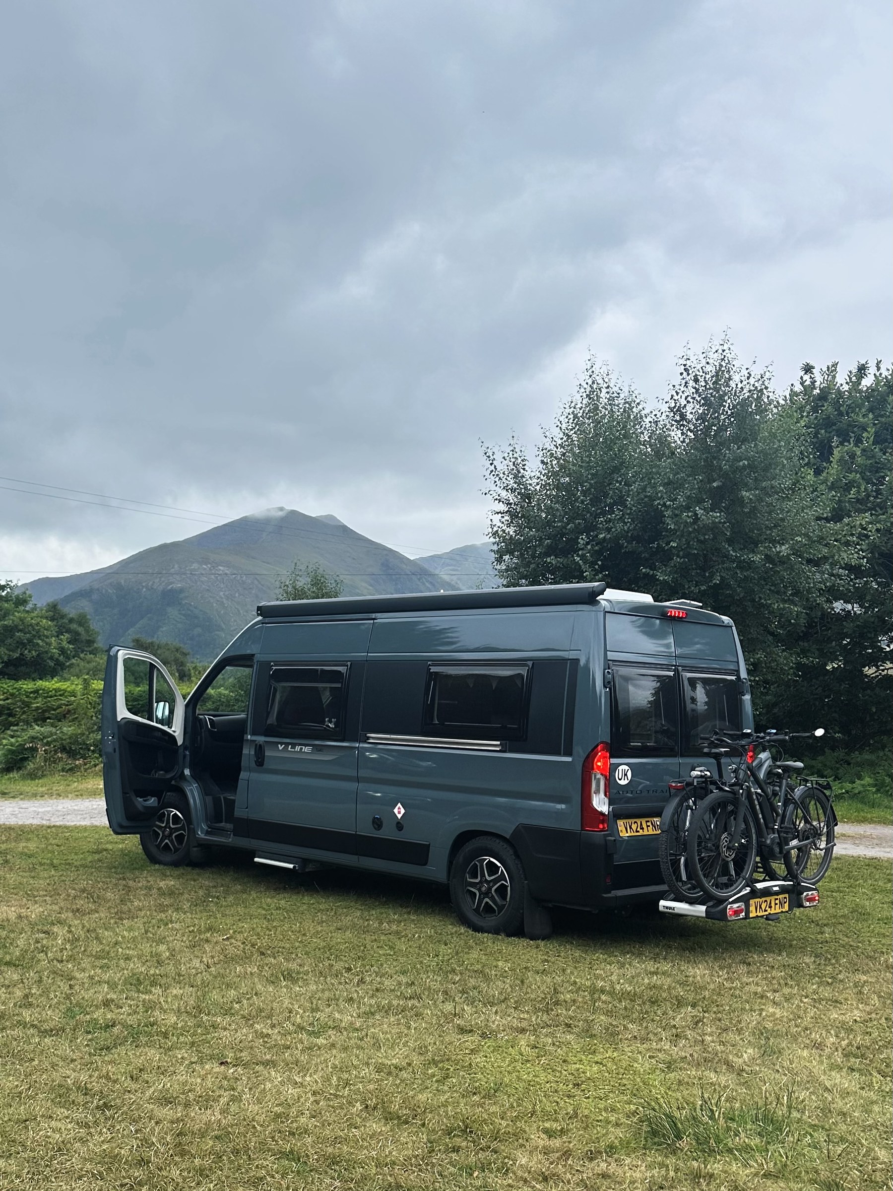 Ollie parked on a grassy pitch at Creveen Lodge in the morning mist