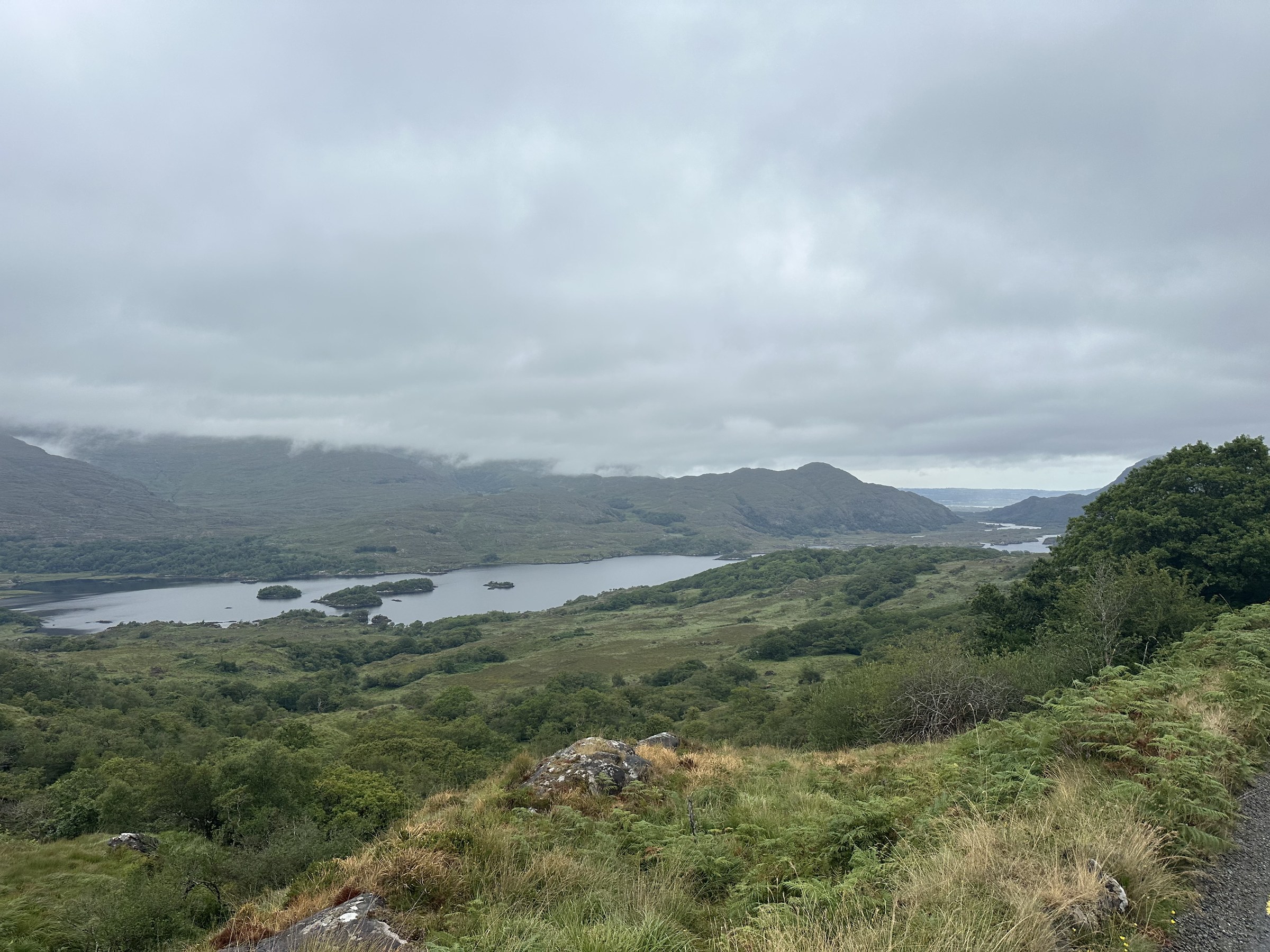 The Lakes of Killarney beneath low cloud, viewed from Ladies View