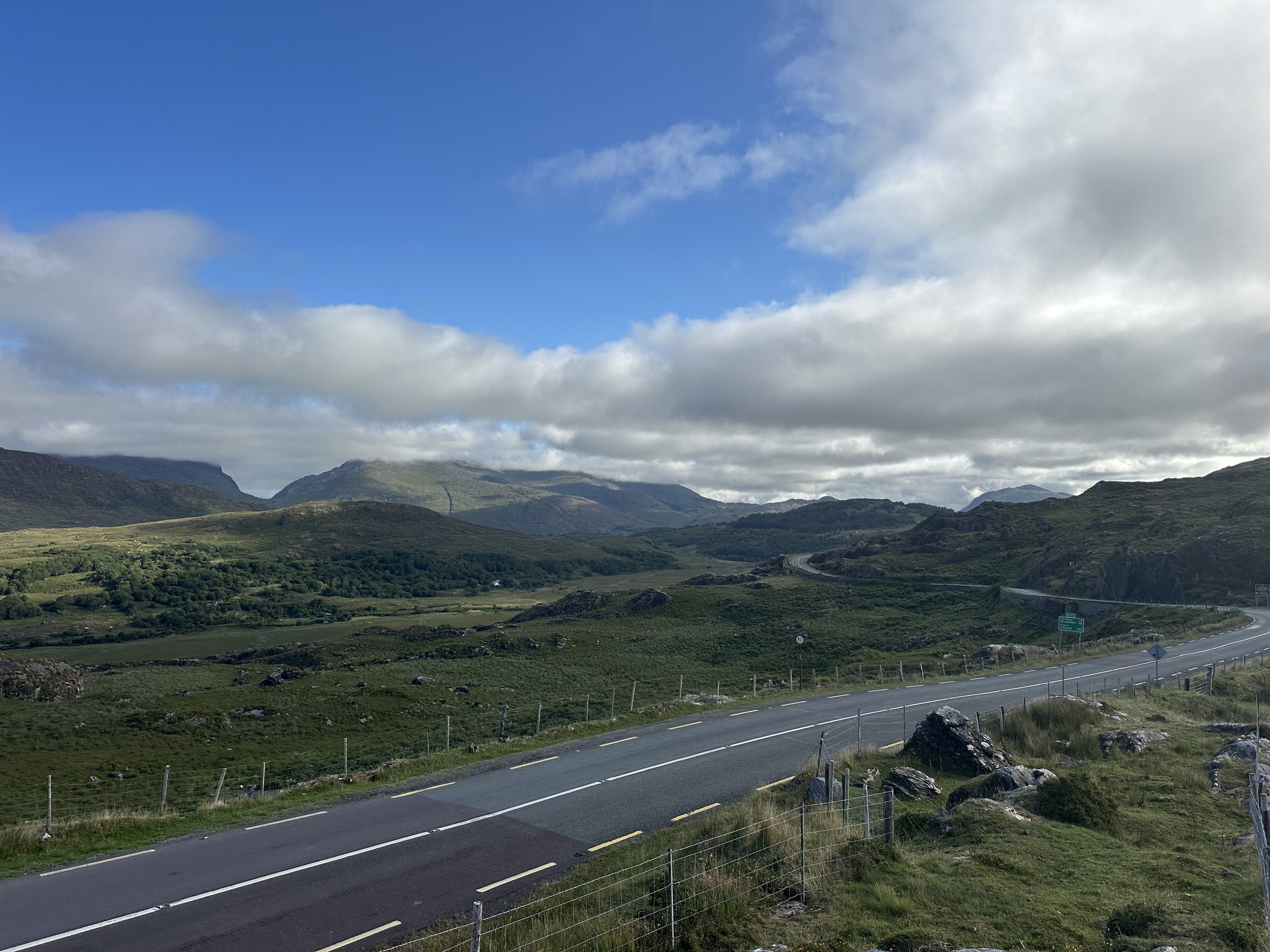 A broad mountain valley and the N71 viewed from Moll's Gap