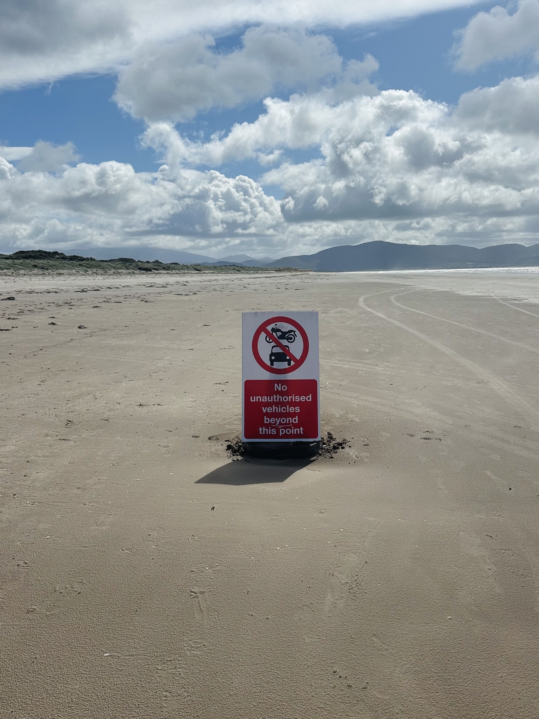 A sign marking the point beyond which vehicles should not drive on Inch Beach