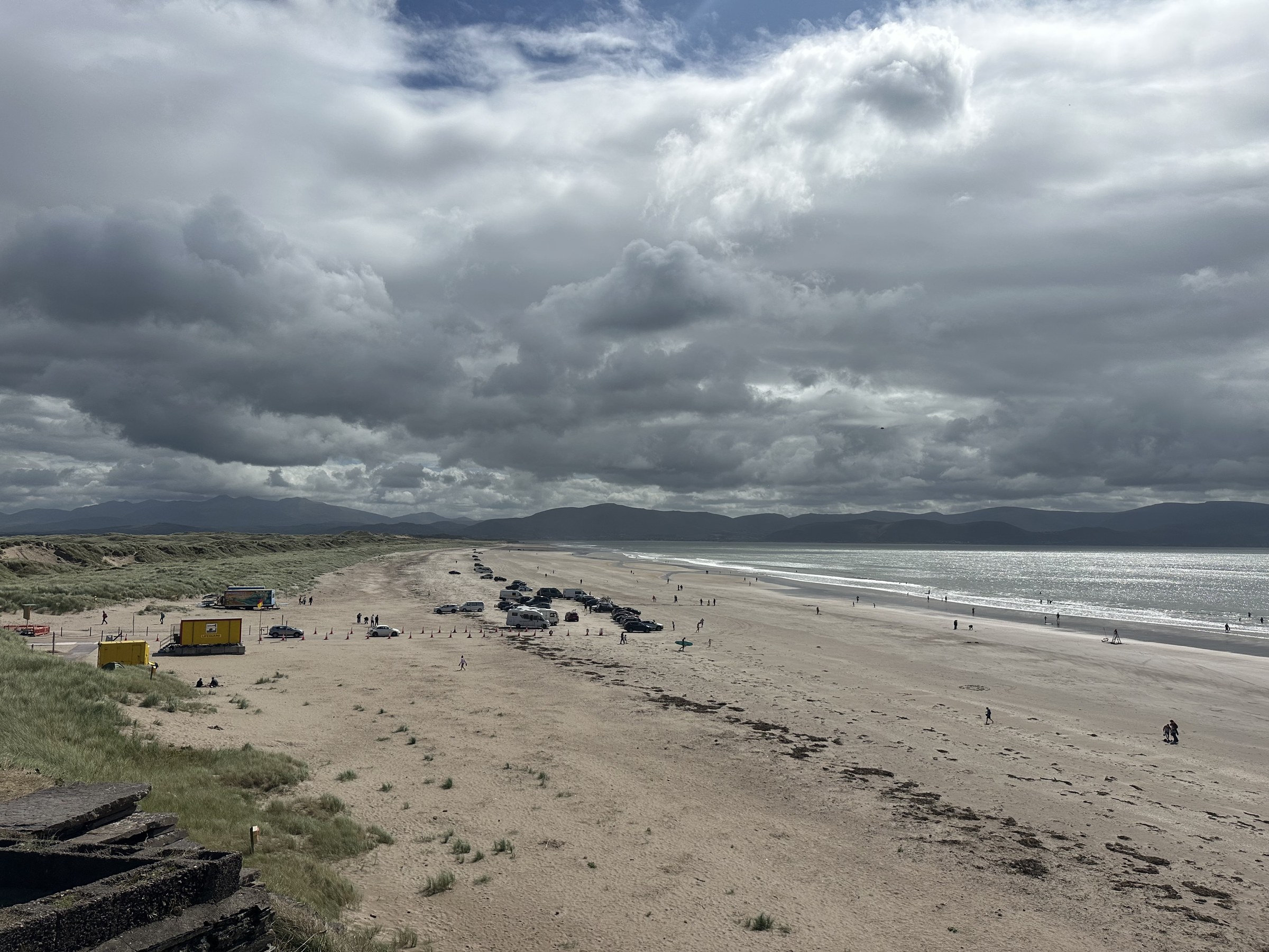 A cloudy view along Inch Beach from above the shoreline
