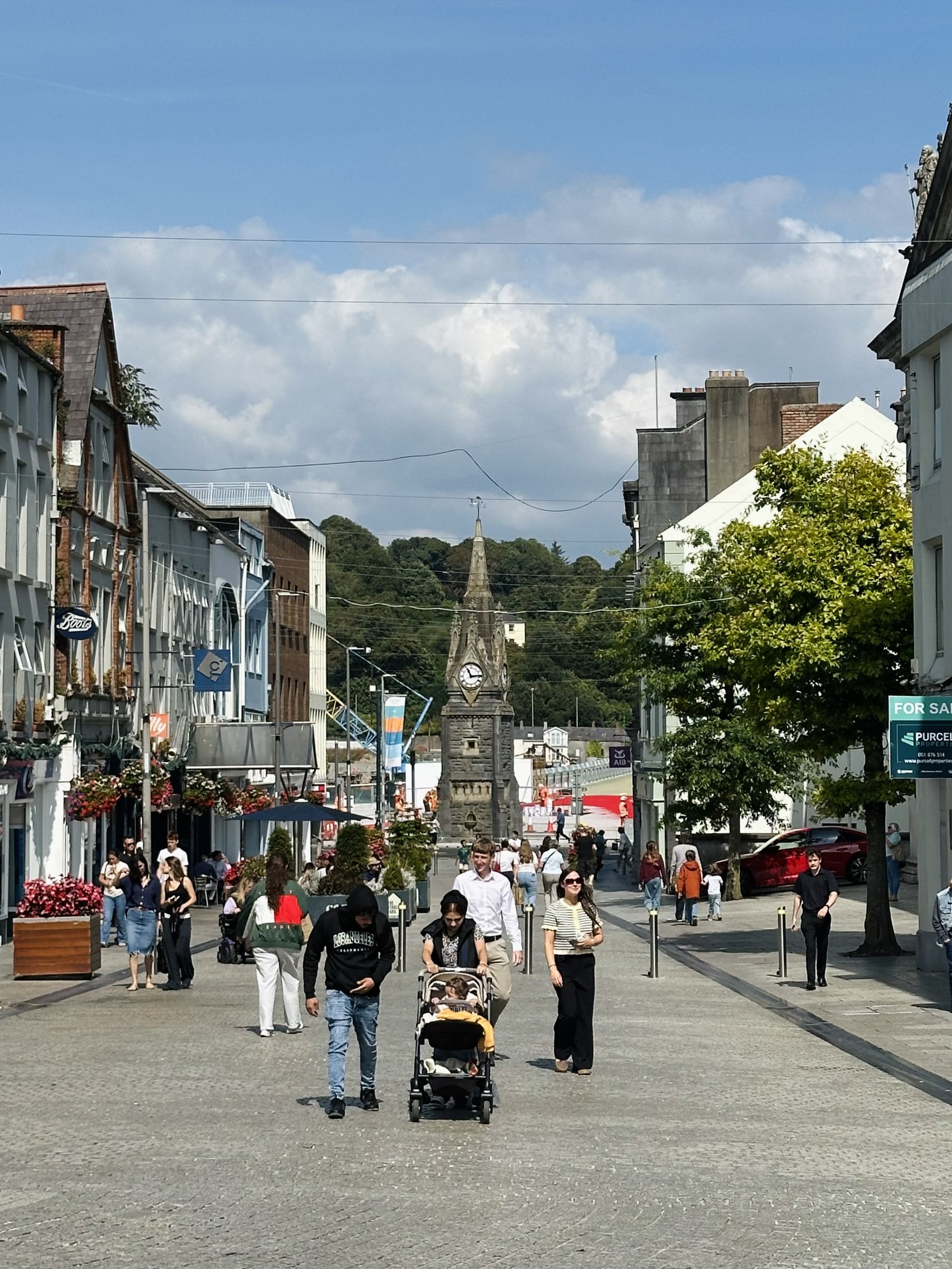 People walking along a busy pedestrian street in central Waterford