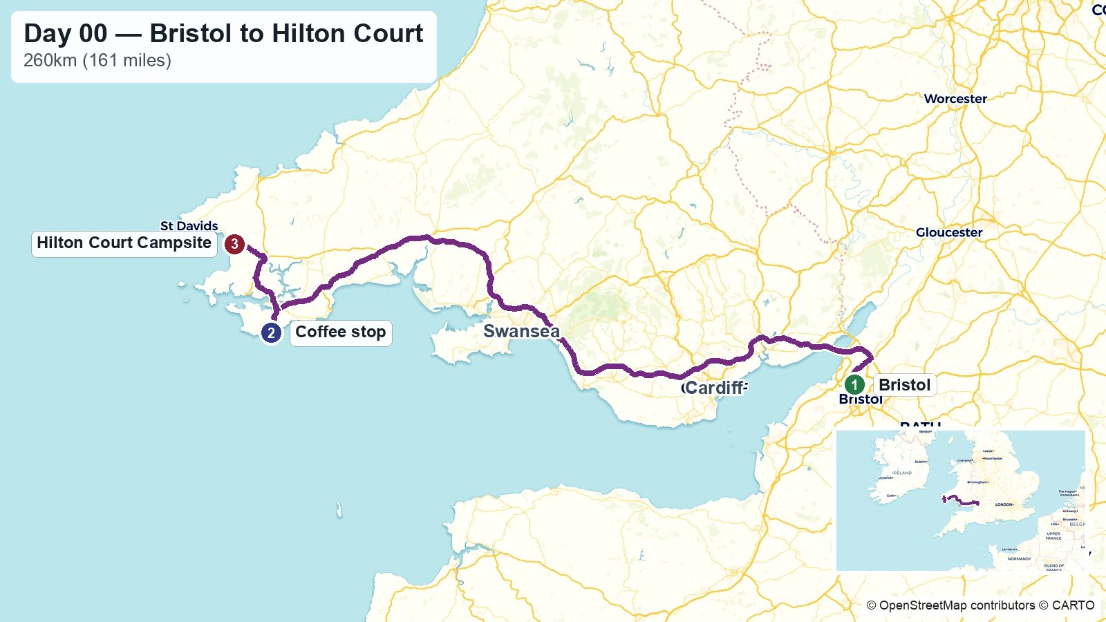 Route map showing the Day 00 journey from Bristol to Hilton Court