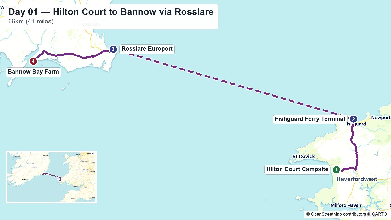 Route map showing the Day 01 journey from Hilton Court to Bannow via the Fishguard–Rosslare ferry