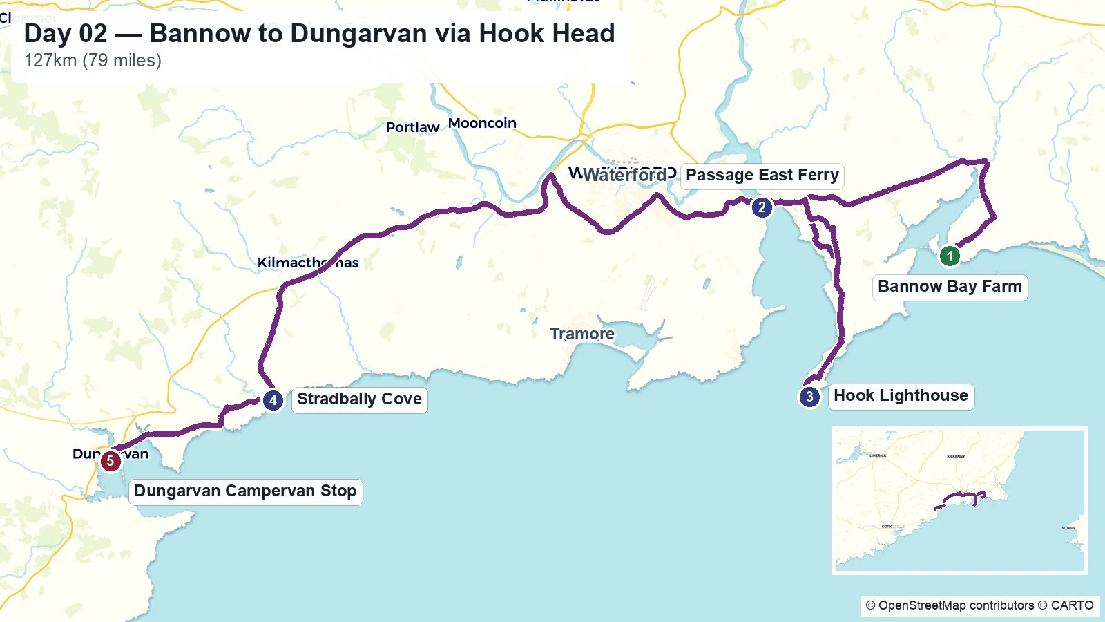 Route map showing the Day 02 journey from Bannow to Dungarvan via Hook Head
