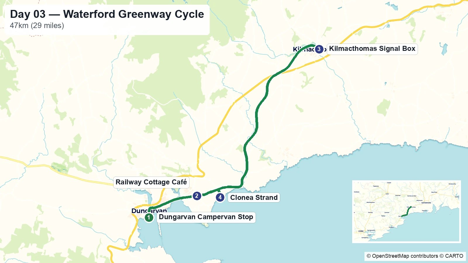 Cycle-route map showing the Day 03 Waterford Greenway journey