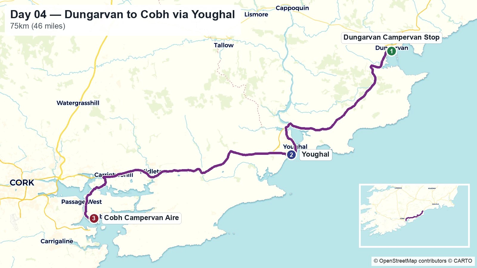 Route map showing the Day 04 journey from Dungarvan to Cobh via Youghal