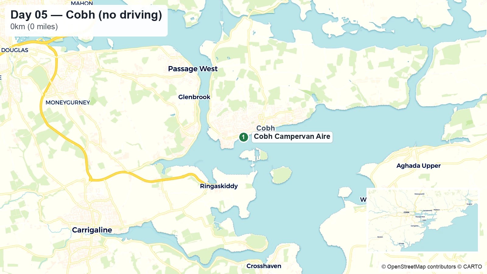 Route map showing the Day 05 location at Cobh