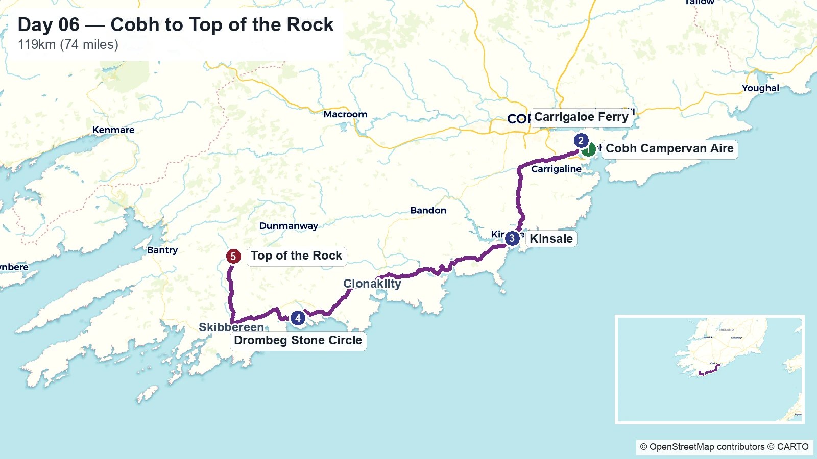 Route map showing the Day 06 journey from Cobh to Top of the Rock