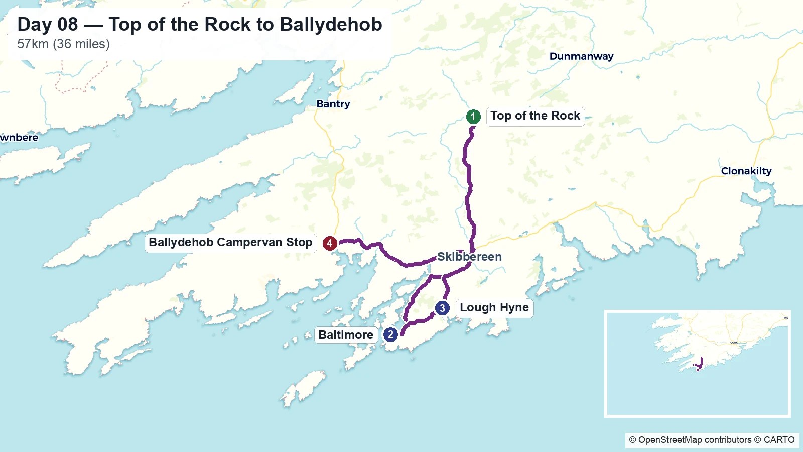 Route map showing the Day 08 journey from Top of the Rock to Ballydehob