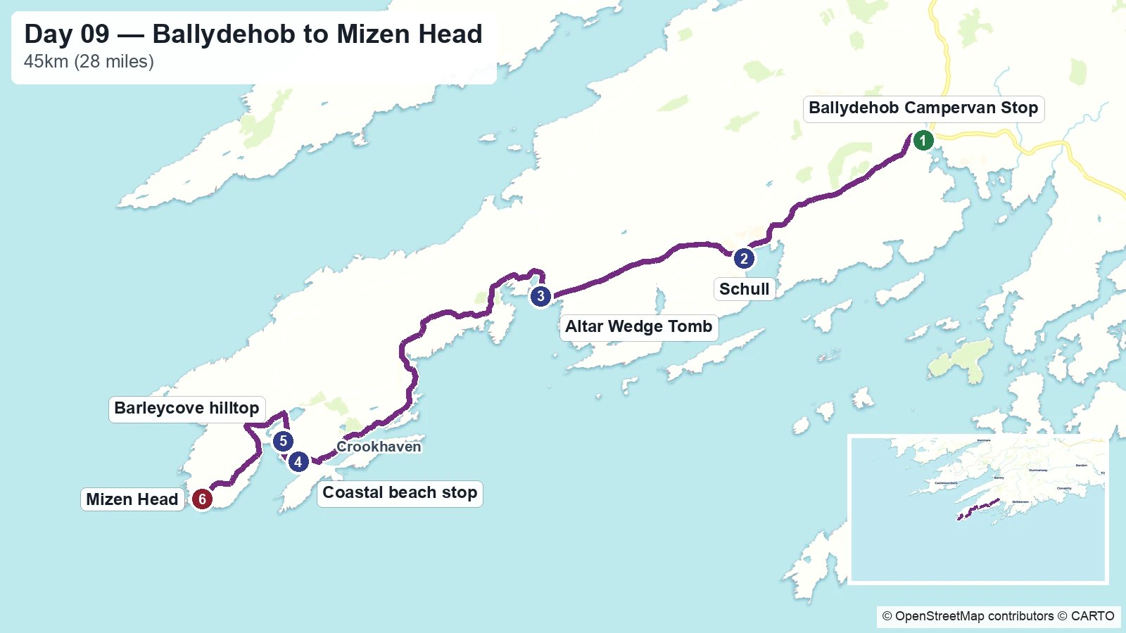 Route map showing the Day 09 journey from Ballydehob to Mizen Head
