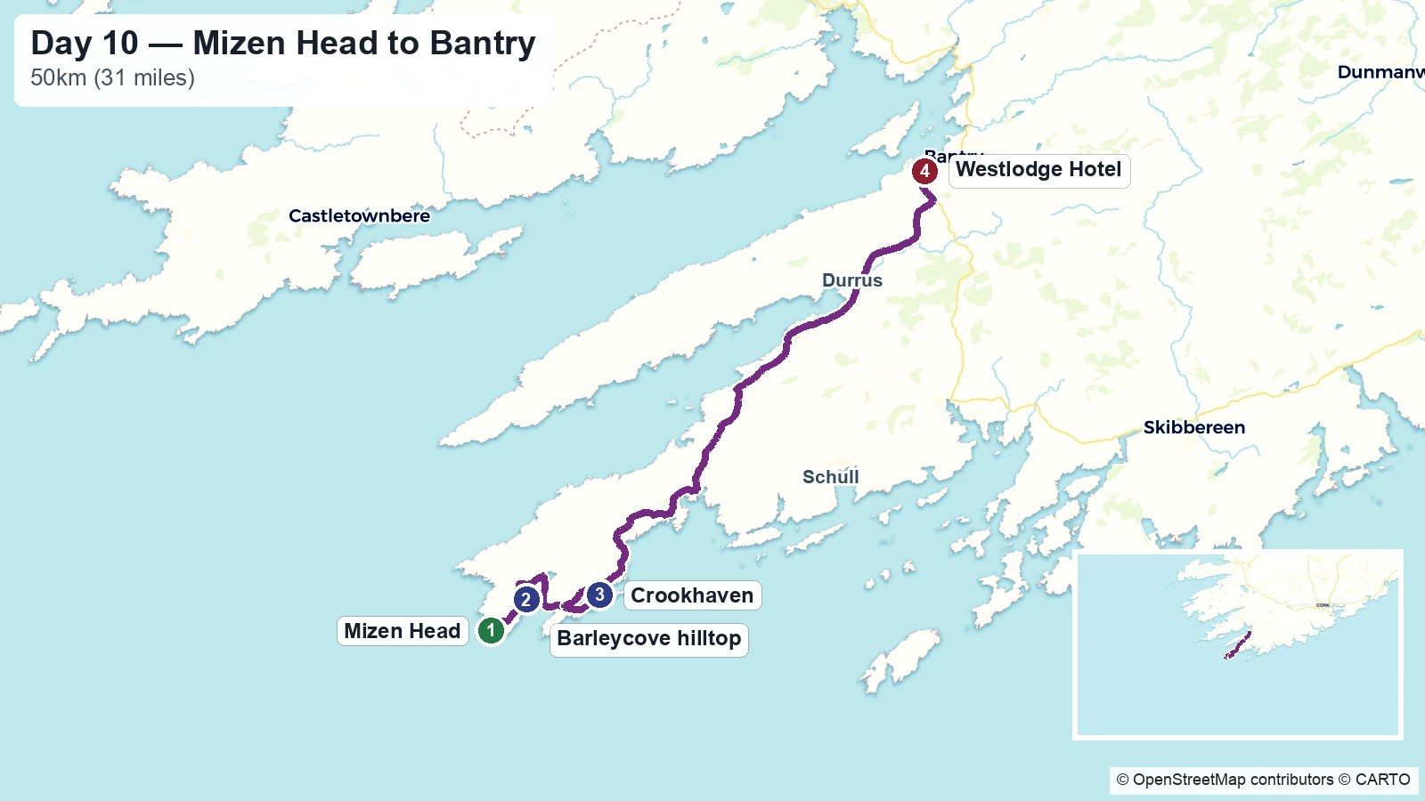 Route map showing the Day 10 journey from Mizen Head to Bantry