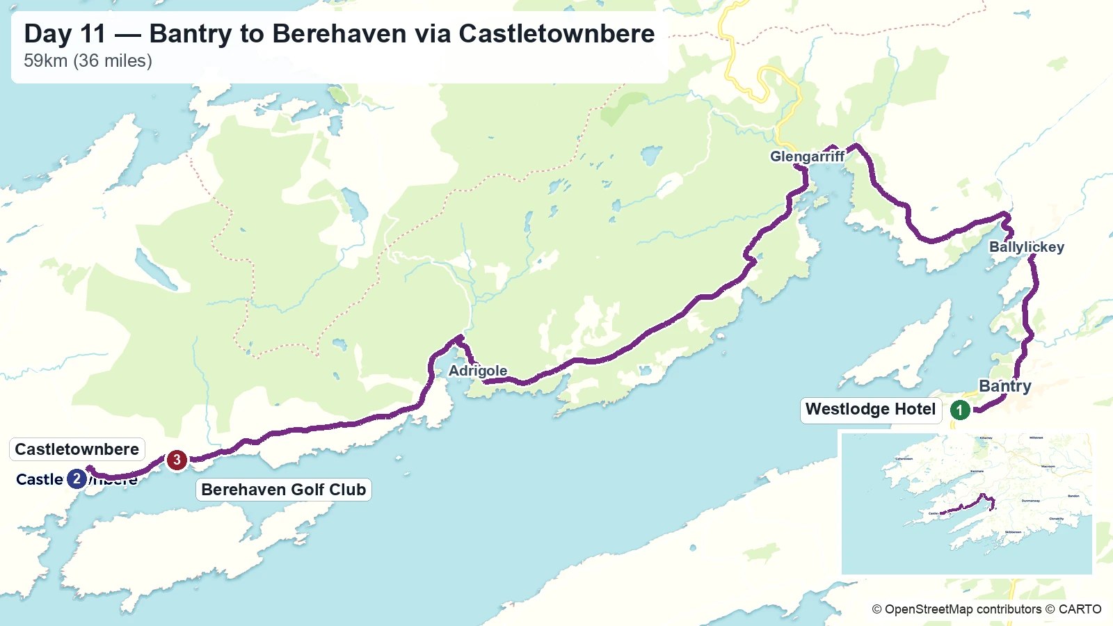 Route map showing the Day 11 journey from Bantry to Berehaven via Castletownbere