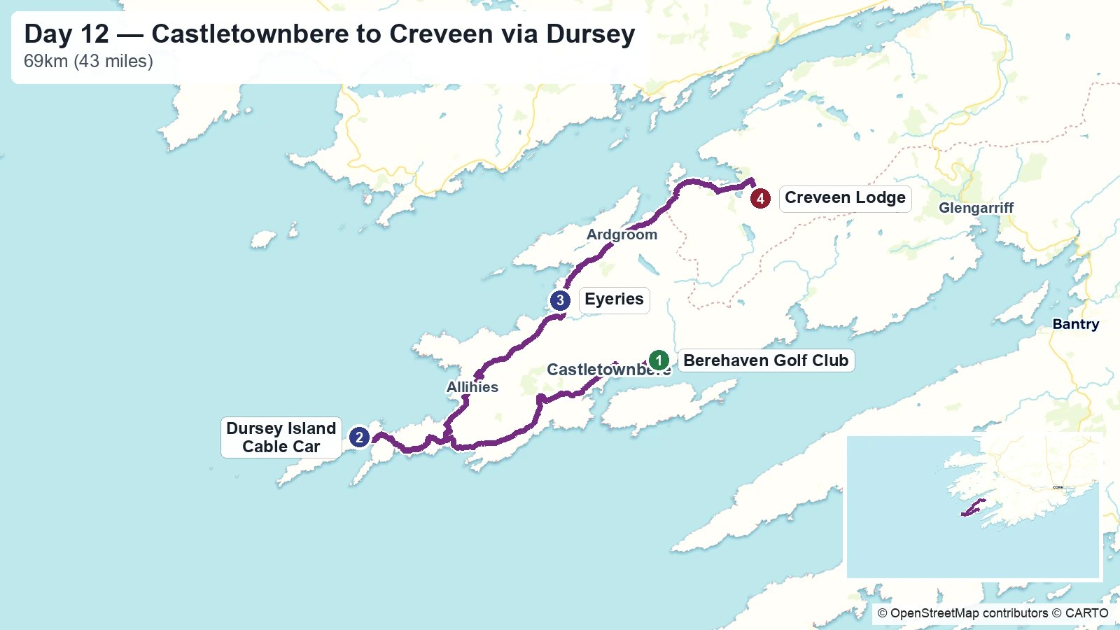 Route map showing the Day 12 journey from Castletownbere to Creveen via Dursey Island