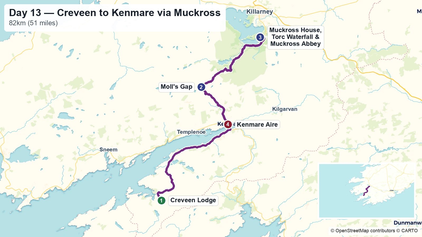 Route map showing the Day 13 journey from Creveen to Kenmare via Muckross