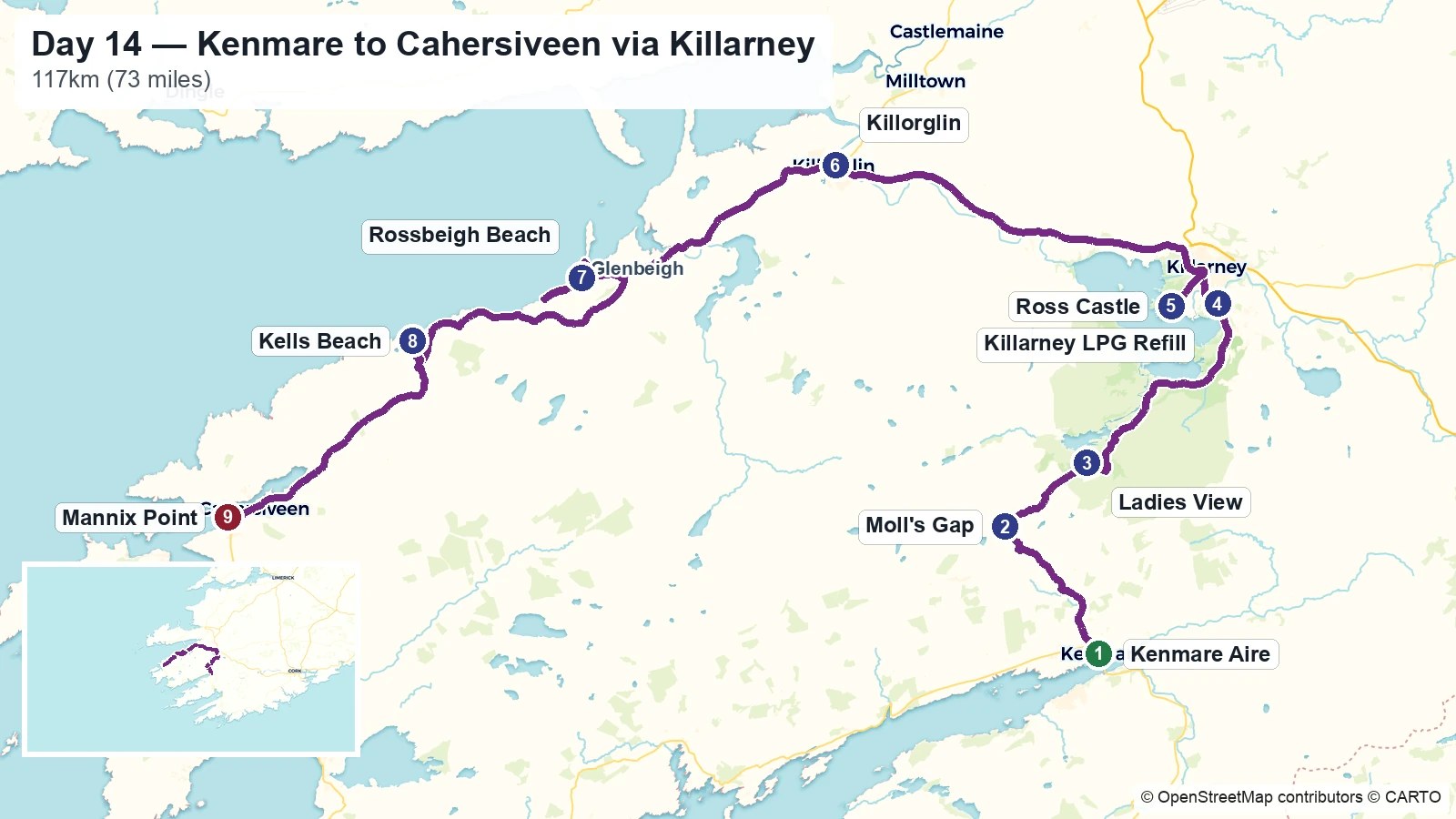 Route map showing the Day 14 journey from Kenmare to Cahersiveen via Killarney