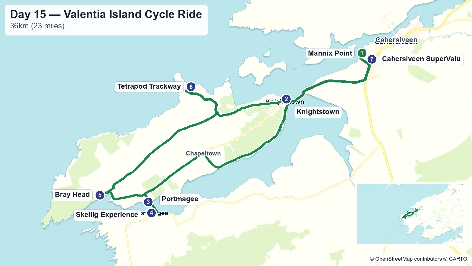 Route map showing the Day 15 cycle ride from Mannix Point around Valentia Island