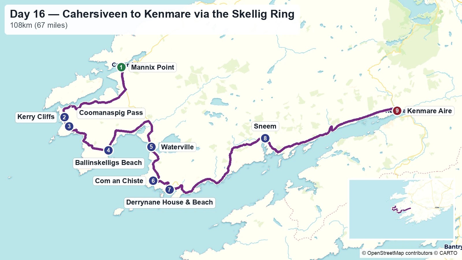 Route map showing the Day 16 journey from Cahersiveen to Kenmare via the Skellig Ring