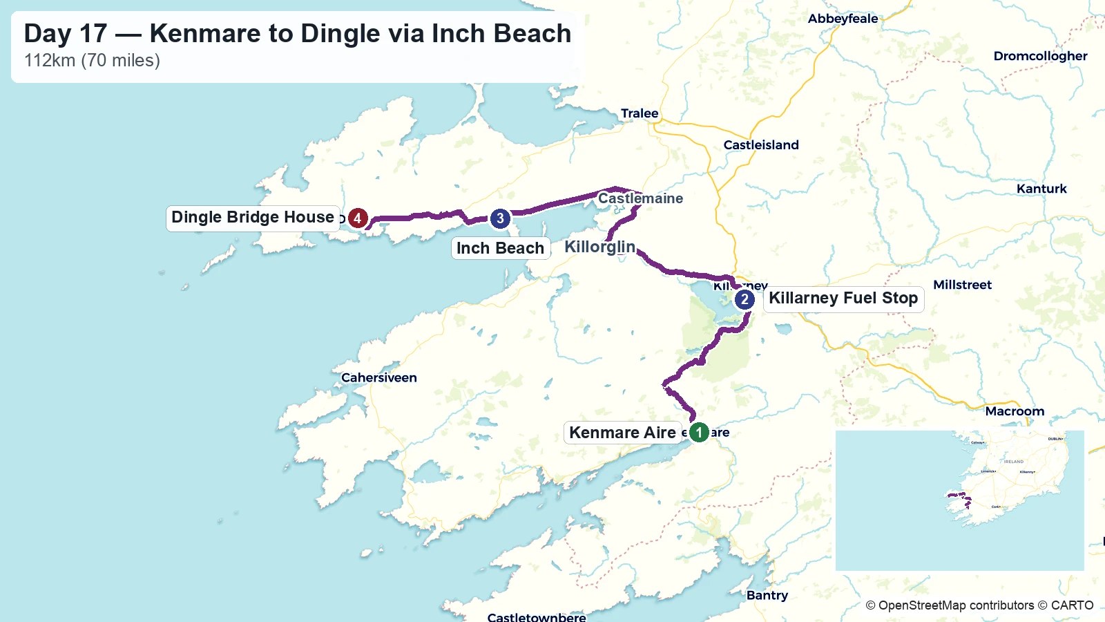 Route map showing the Day 17 journey from Kenmare to Dingle via Inch Beach