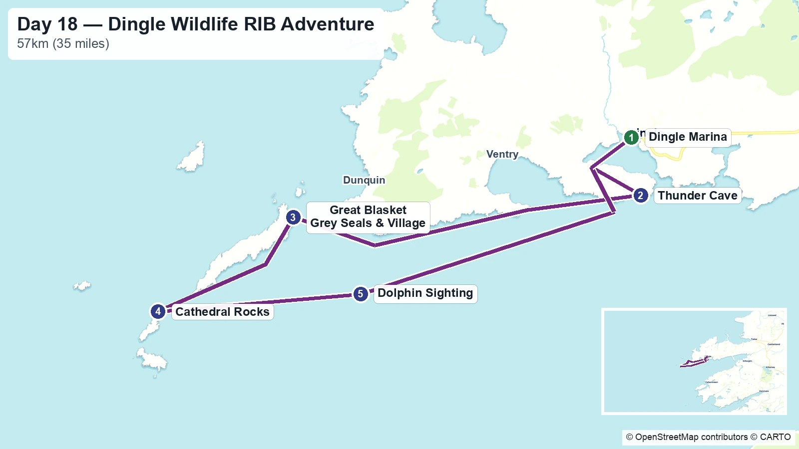 Route map showing the Day 18 wildlife RIB trip from Dingle to the Blasket Islands