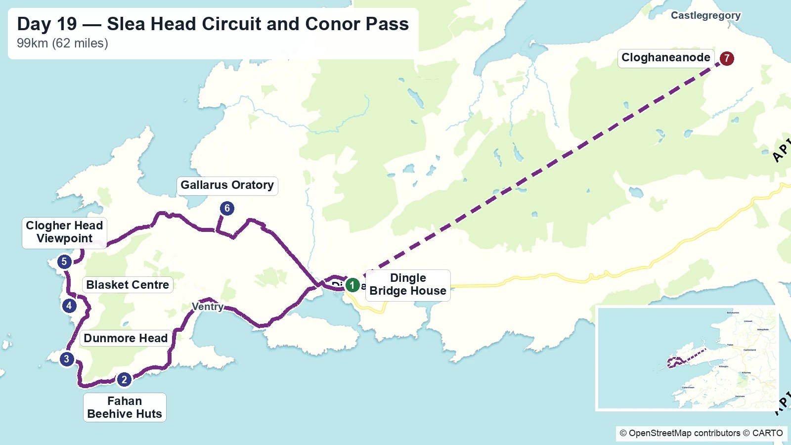 Route map showing the Day 19 Slea Head circuit and drive over the Conor Pass