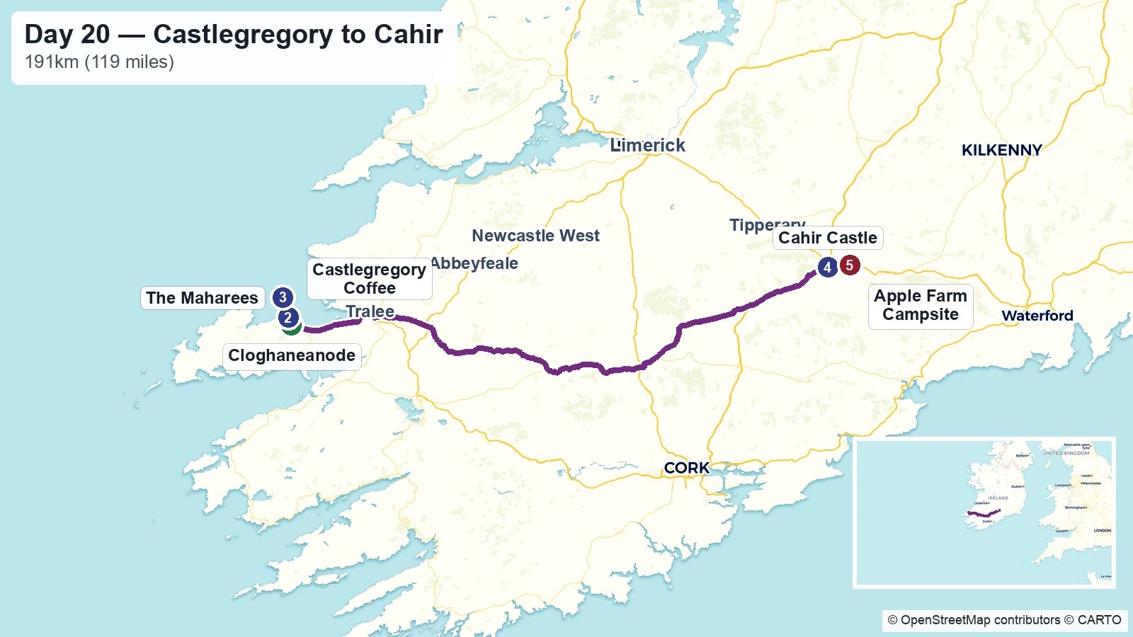 Route map showing the Day 20 drive from Castlegregory and the Maharees to Cahir