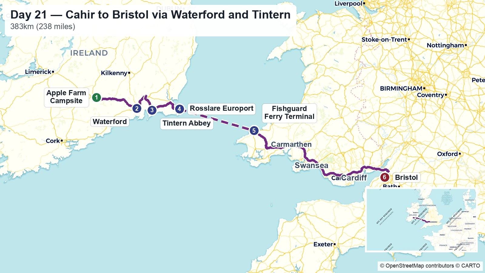 Route map showing the final Day 21 journey from Cahir through Waterford and Tintern Abbey, by ferry to Fishguard and home to Bristol