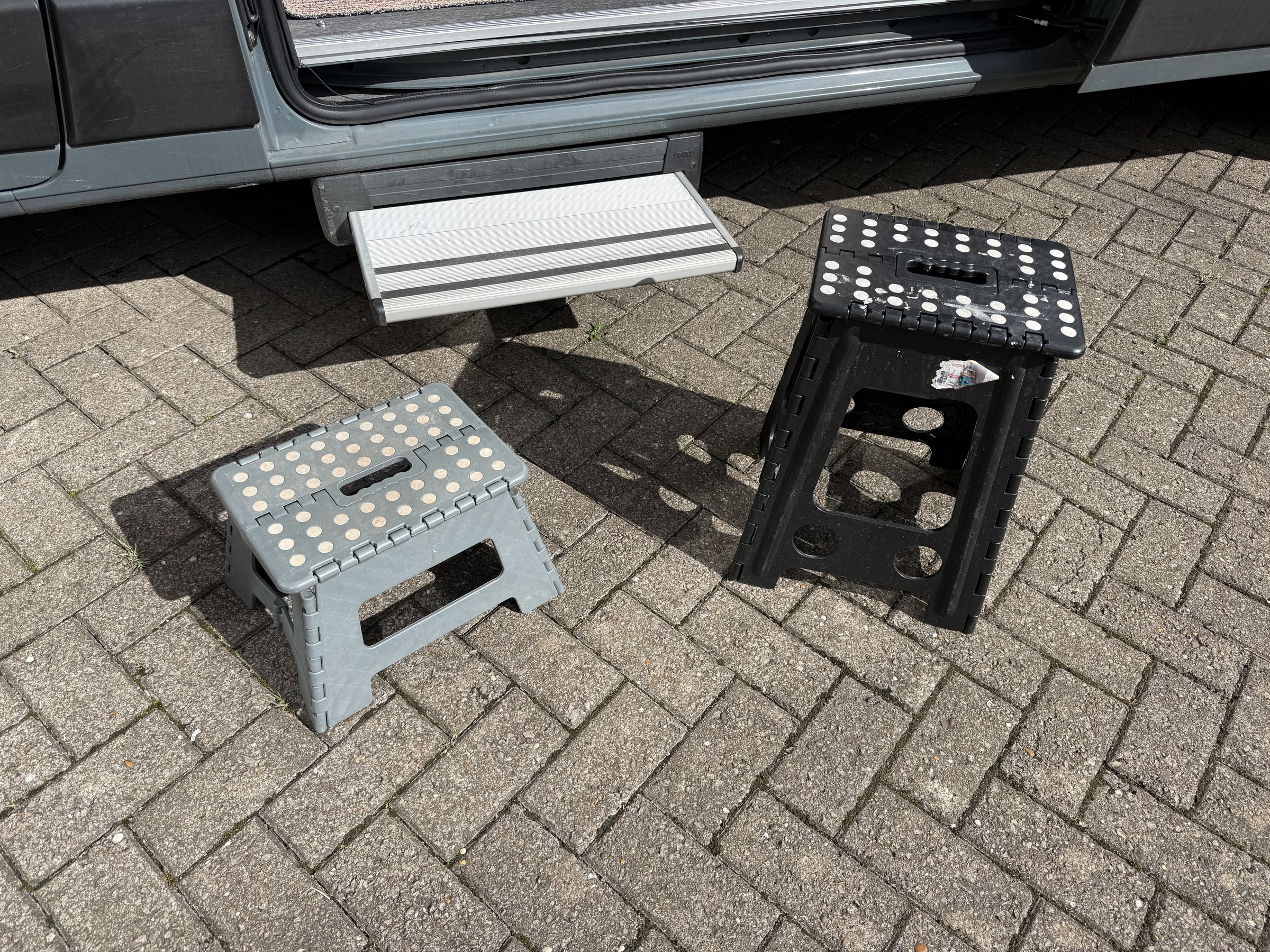 The short and tall folding stools we use around the van